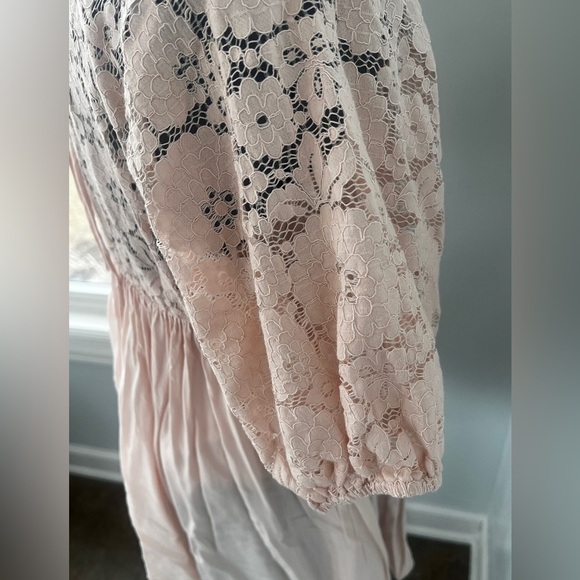 Aakaa Womens Juniors Sz A Mini Lace Boho Pale Pink  V-Neck Kaftan Mini Dress - Picture 15 of 16
